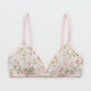 Aerie Floral Embroidered Bralette - Cream and Pink